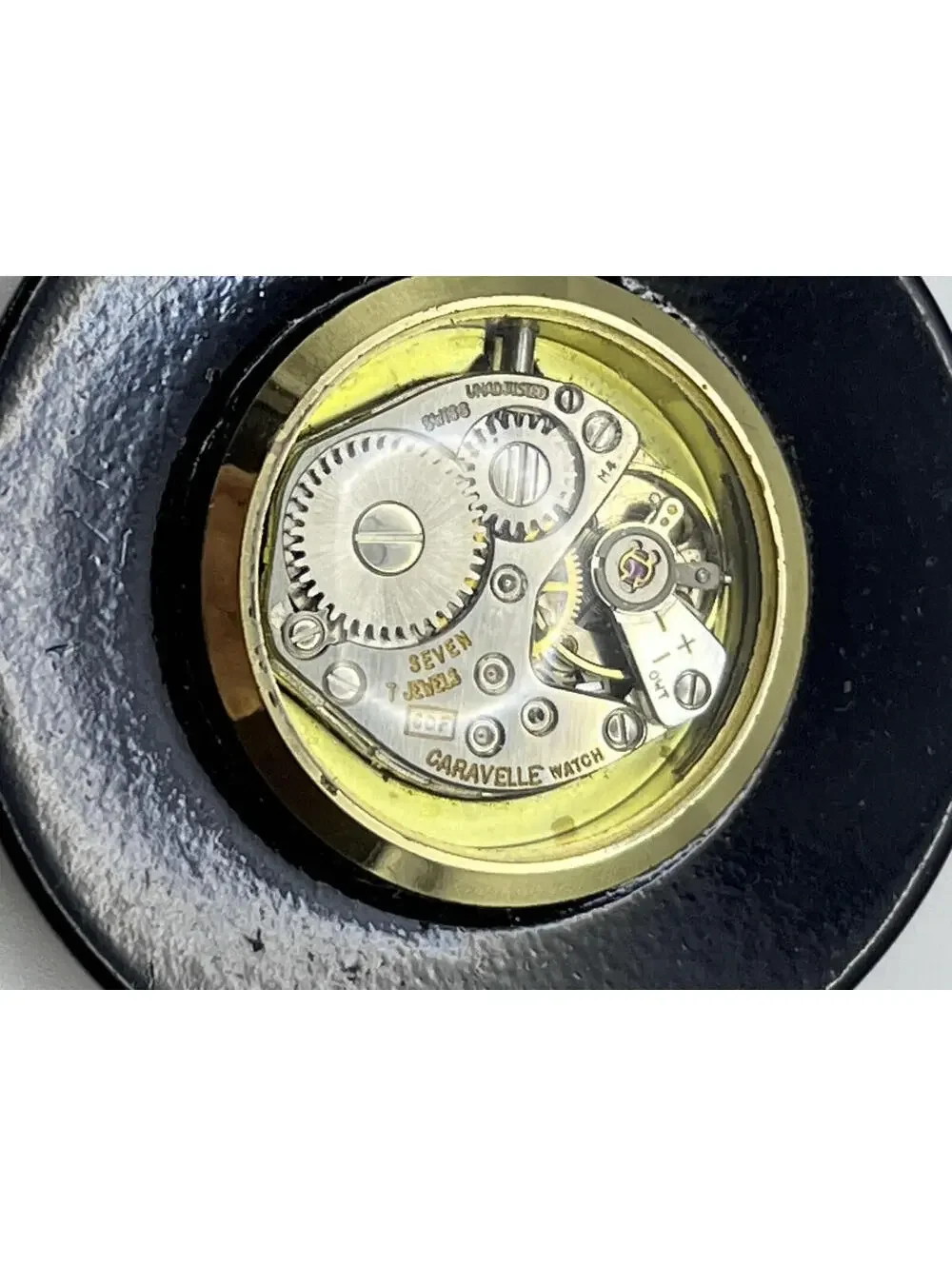 Vintage Caravelle 7 Jewel Skeleton Ball Pendant Black + Gold Watch NOT WORKING
